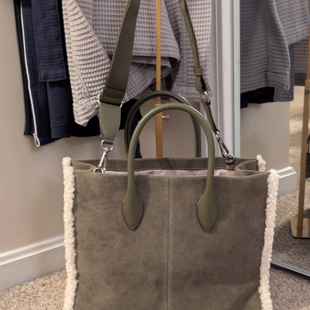 MICHAEL KORS Olive Suede Shearling Trim Large Tote NWT - Picture 2 of 11